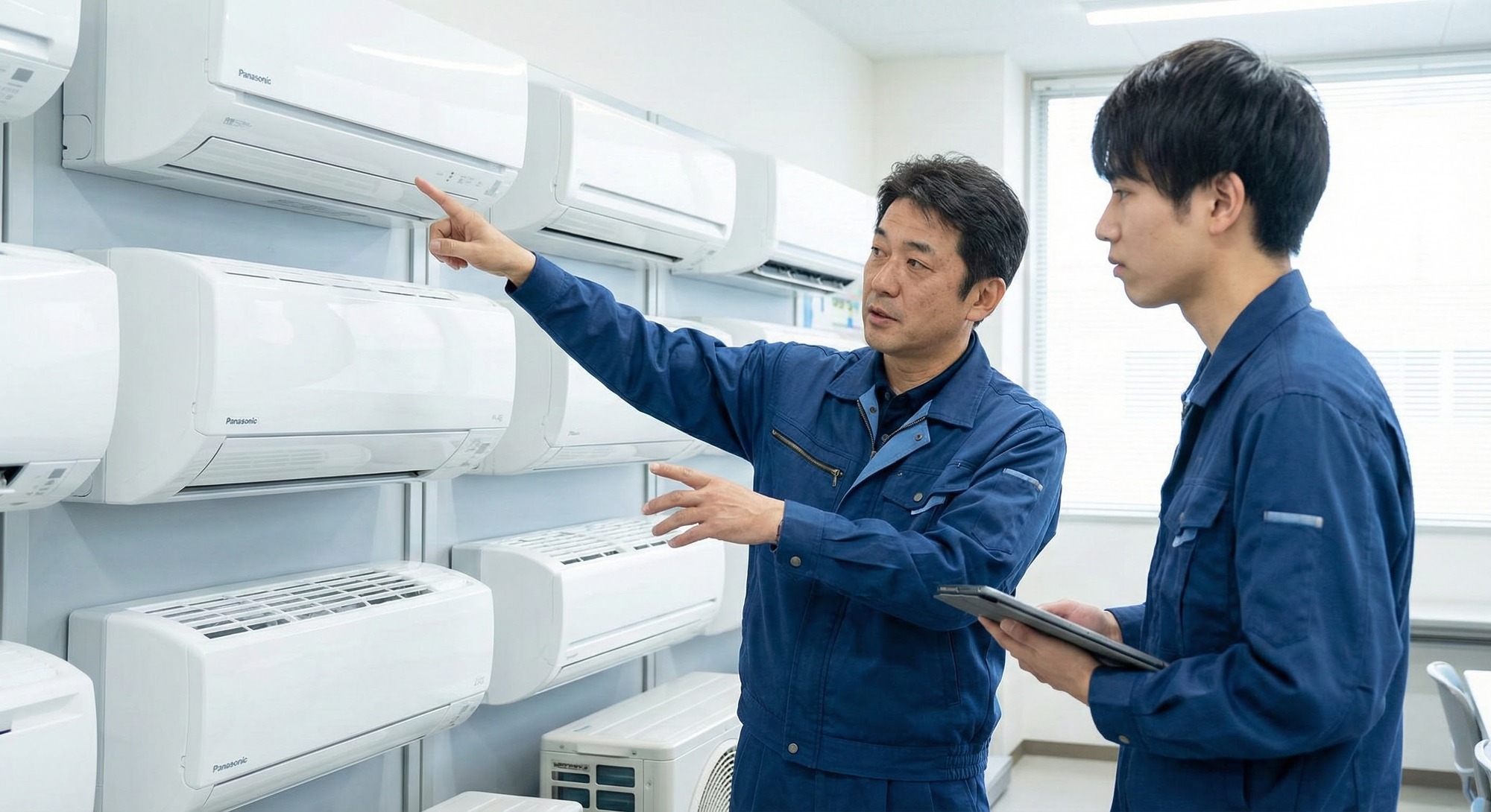 �G�A�R���N���[�j���O�X�N�[���̌��C�{�݂ŁA�u�t���ǂɐݒu���ꂽ�p�i�\�j�b�N���̎��@���w�����A������̋Z�p������\���ɂ��Ď�u���Ɏw�����Ă���l�q�B