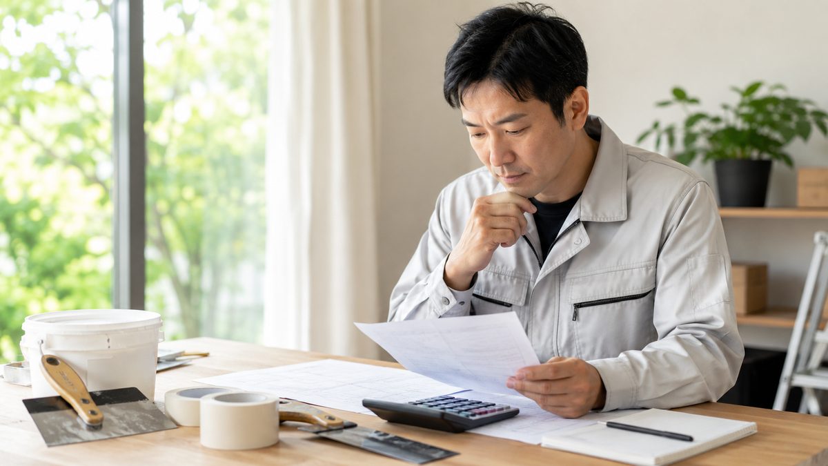 電卓と書類を前に開業資金の計画を立てる作業着の男性