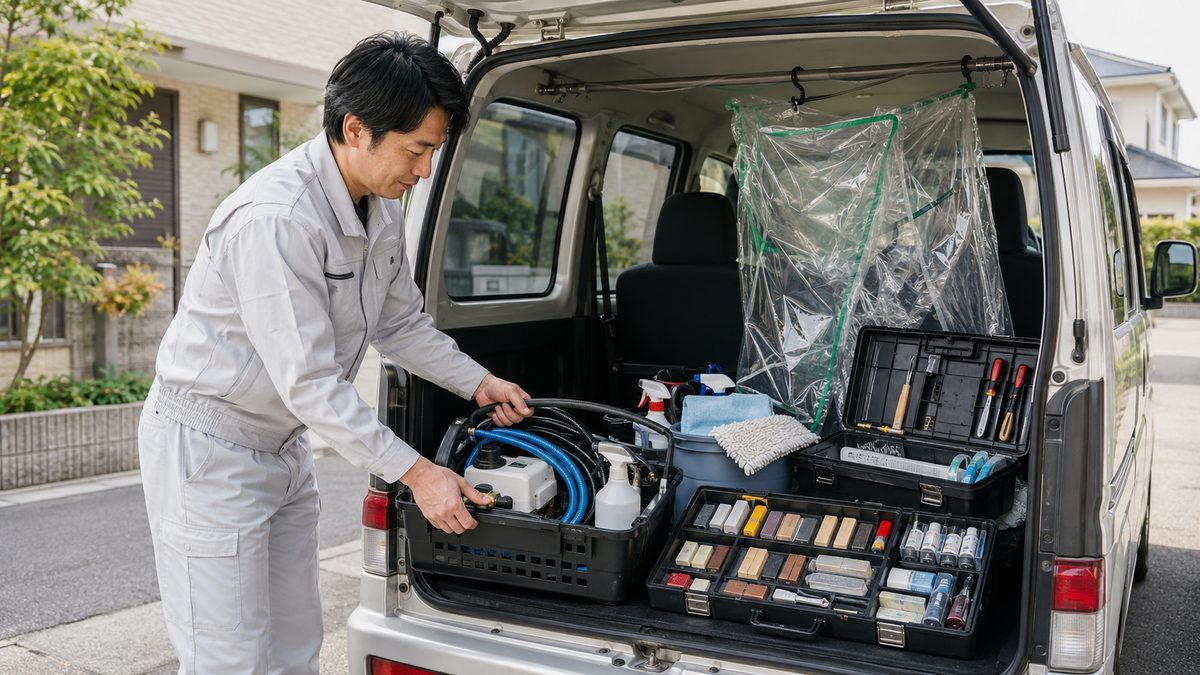 清掃と補修の道具を車両に積み込む多能工の職人
