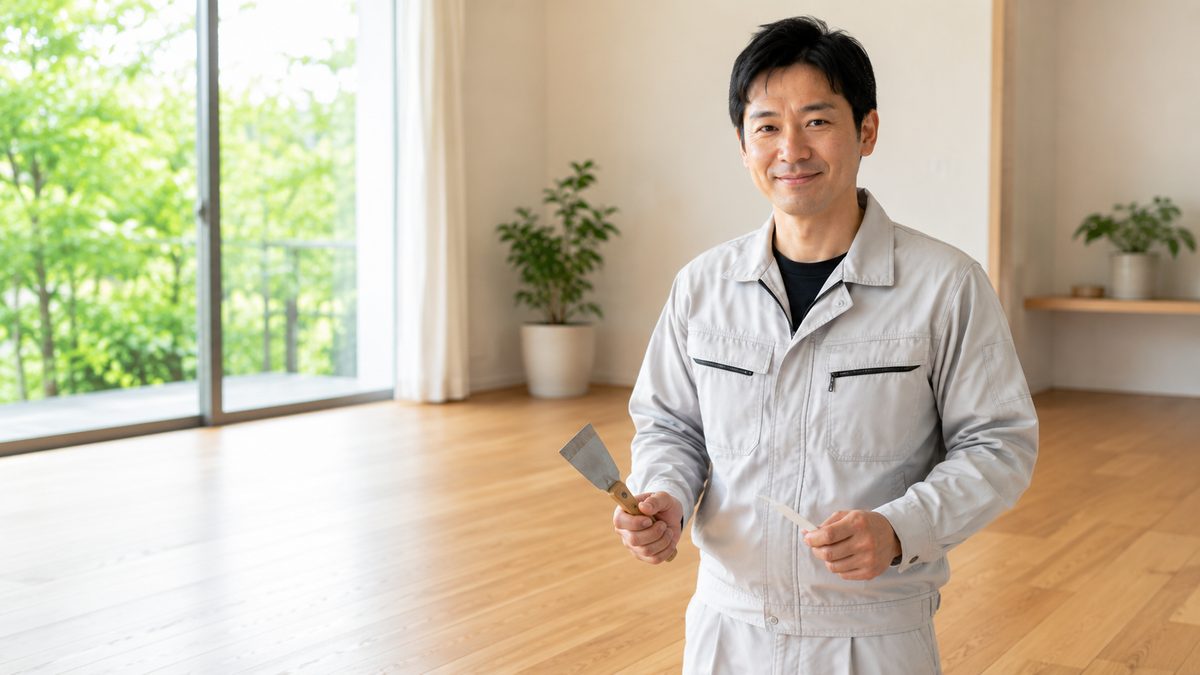 補修を終えたフローリングの前で道具を手に微笑む作業着の職人